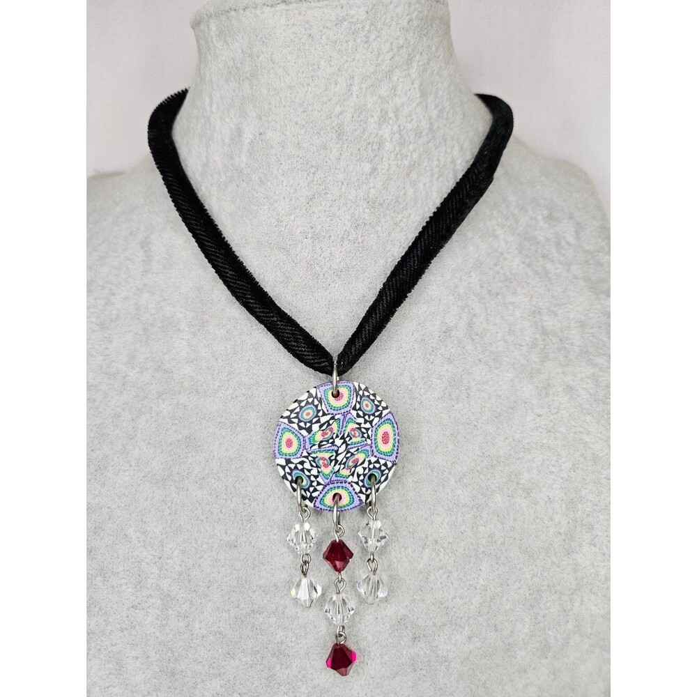 Handmade Polymer Clay Millefiori Choker Necklace Crystal Bead Dangles EUC